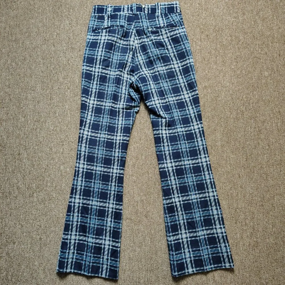 VINTAGE PLAID PANTS Men 31x32 Blue Polyester Flare Leg Slacks Retro Disco Style - Picture 3 of 8
